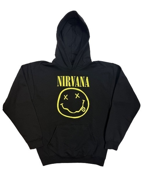 NIRVANA PULL OVER HOODIE YELLOW HAPPY FACE — худи‑пуловер с логотипом Nirvana, жёлтый, HAPPY FACE, коллекция 2026 осень‑зима