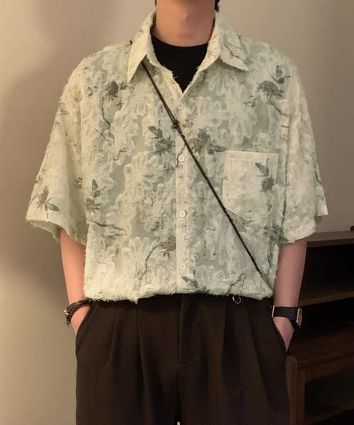 TOBEE Fringe Open Collar Shirt — джагардовая рубашка с бахромой, короткий рукав