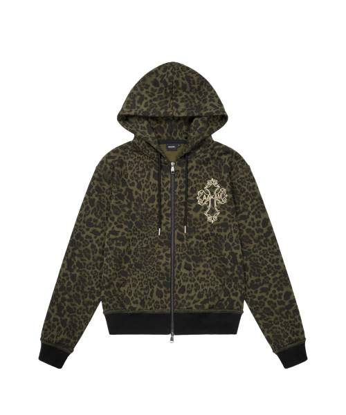 AKM CROS2 Leopard Zip‑Up Hoodie (Khaki) — леопардовая толстовка с молнией, хаки