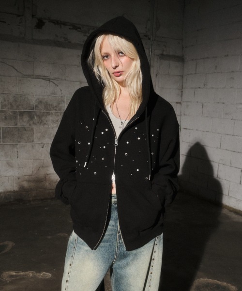 A'GEM/9 × .kom «MIDNIGHT MOVE» eyelet hood zip up — худи‑куртка на молнии с айлетами