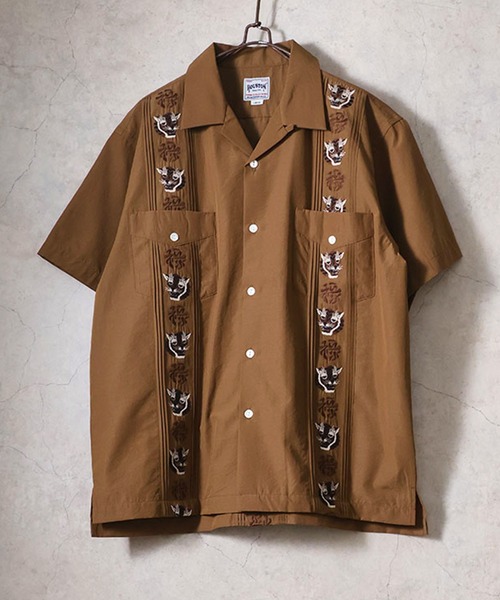 HOUSTON EMB CUBA SHIRT рубашка‑куба с тигром и иероглифами, поло‑рубашка с открытым воротом