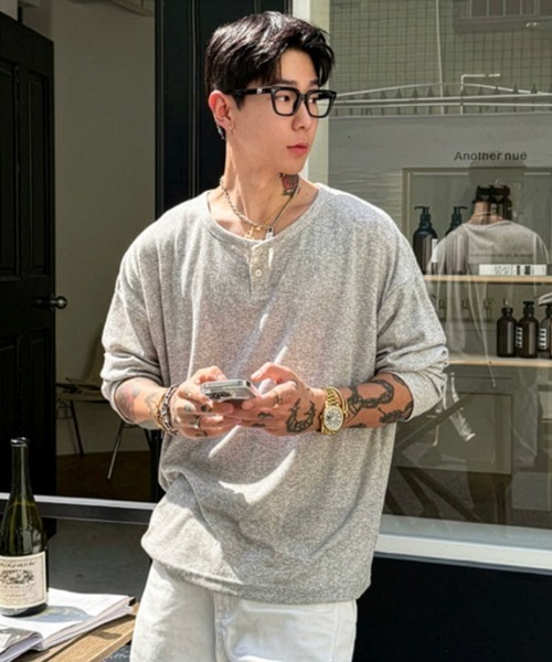 NOWLE льняной вязаный хенли с длинным рукавом / Rib Long Sleeve T-shirt (мембранный стиль)