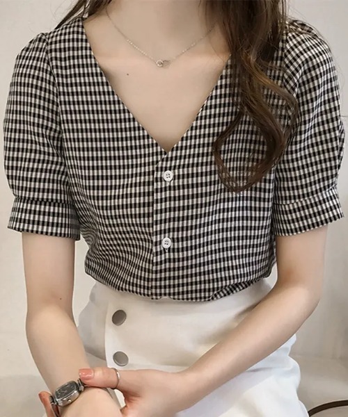 Гингам‑чек V‑neck панельная рубашка‑пуловер