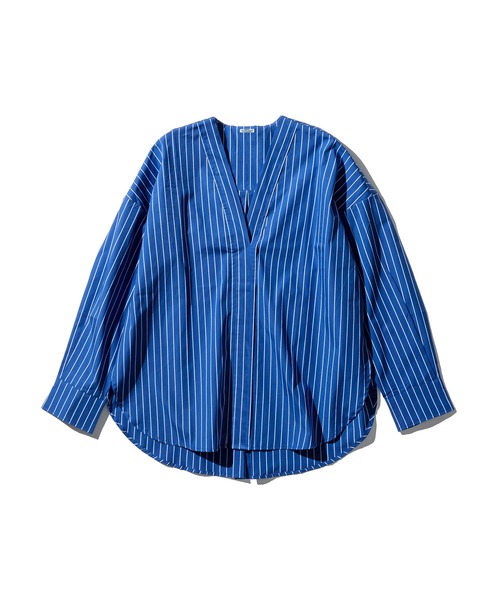 COTTON STRIPE SHIRT / V-NECK Blue M — хлопковая полосатая рубашка, V-образный вырез, синий, M
