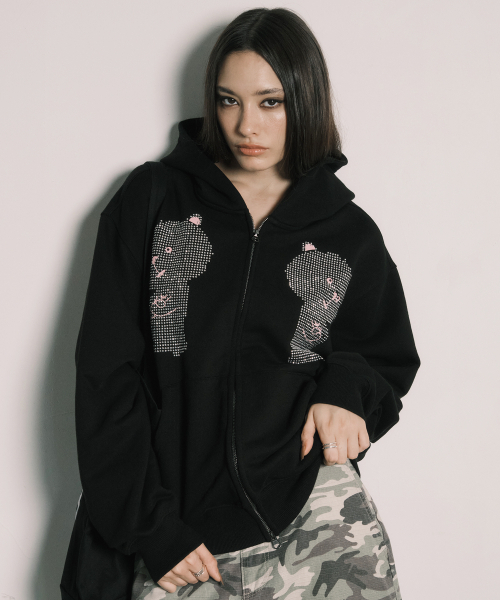 RHINESTONE DALGOMM HOOD ZIP‑UP — черная худи с стразами