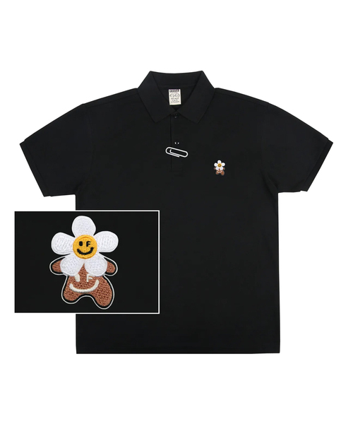 Unisex headflowerWear刺繍ピケ半袖Tシャツ — чёрная (вышитая пике‑футболка)