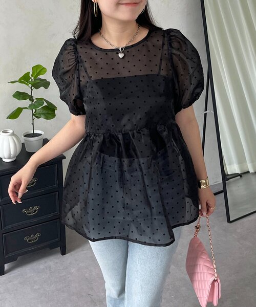 Flocked dot orange pep 랑 블라우스 — флокированная блуза