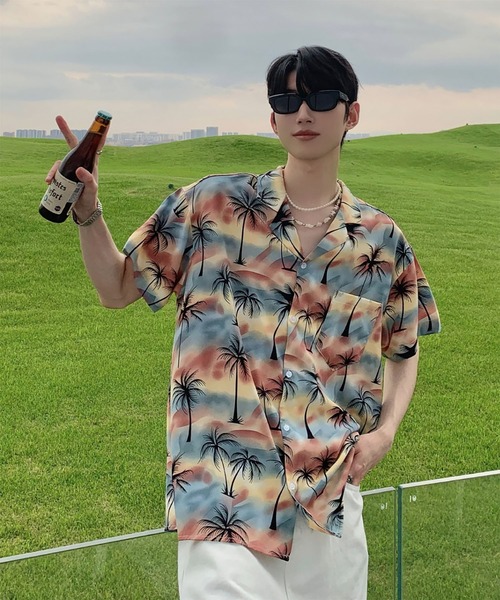 Sunset parm tree open collar aloha shirt WO26S15TP18
