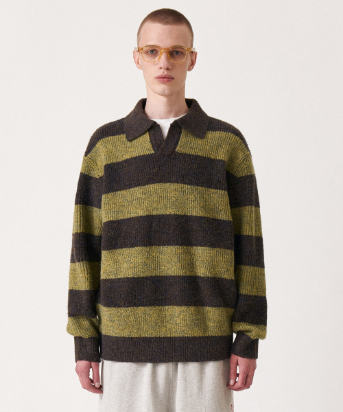 Wool mixed stripe collar knit — свитер с полосатым воротником, зелёный