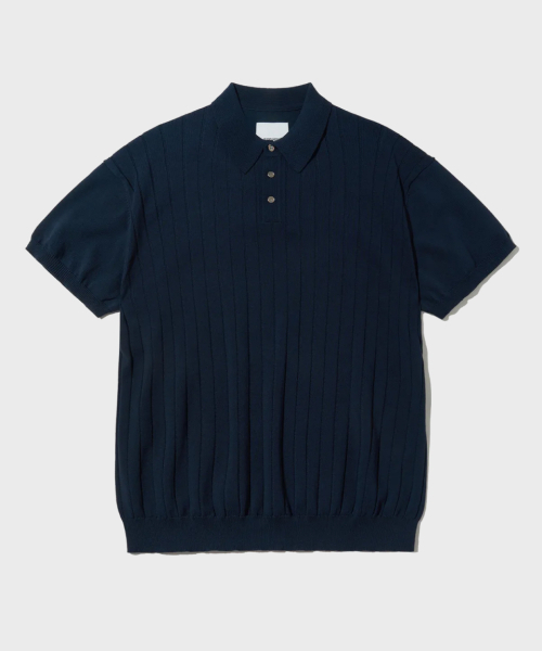 HS STRIPE KNIT COLLAR SHIRT_NAVY — вязаная рубашка с воротником в полоску, тёмно‑синяя