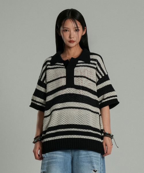 Sahara Collar Half‑Knit — полукруглый вязаный свитер чёрно‑слоновая кость