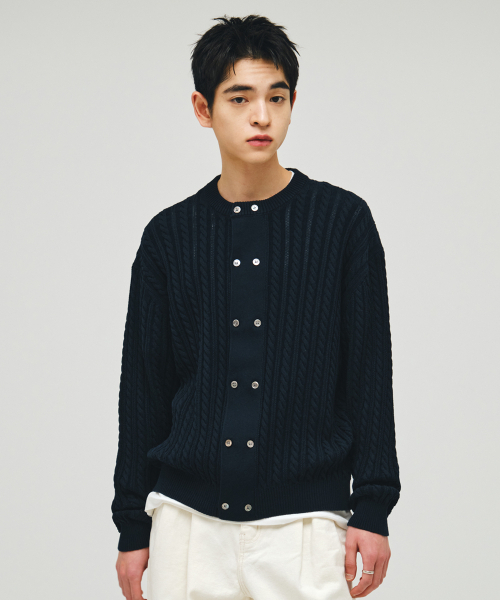 Cotton kebble two-button cardigan _ Navy