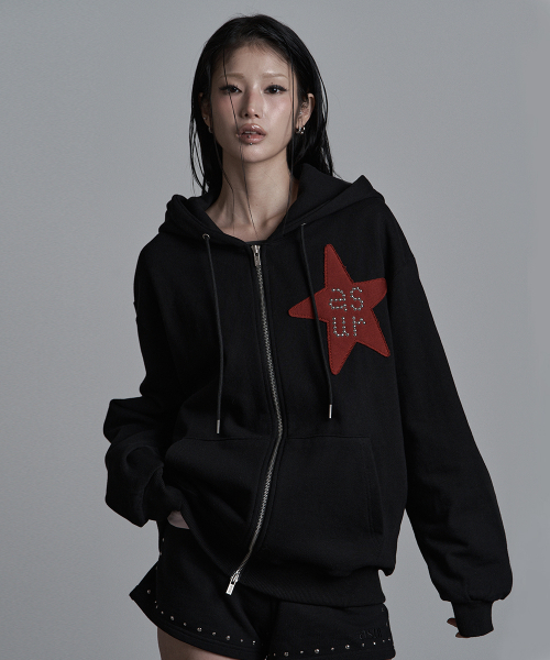 Star patch oversize fur hood — оверсайз худи с нашивкой-звездой, черный