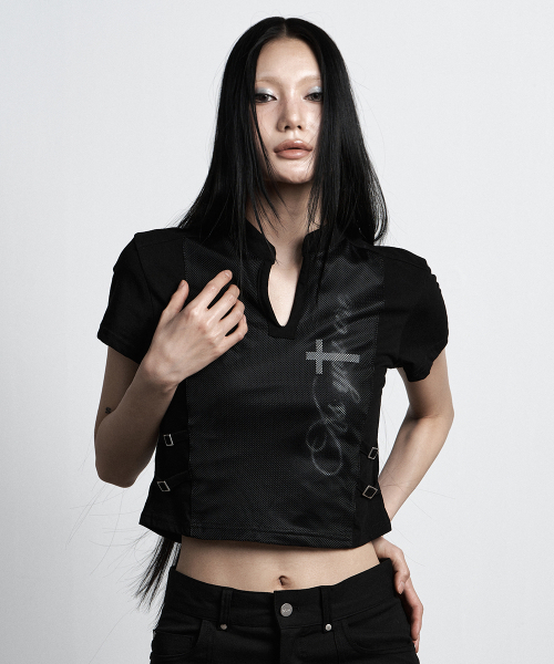 Мешучая ткань — Top черная (Meshu China Collar Top Black)