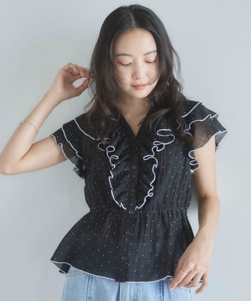 [ON] Merrow Frill Dot Peplum BL — блузка с оборками и горловиной