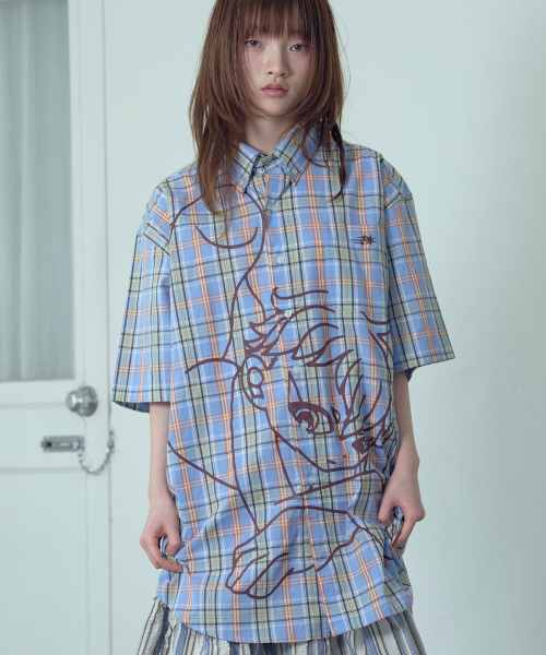 ANGEL CHECK BIG BIG HALF SHIRT — большая рубашка-полуширокий, голубая (NG2GSUW360A)