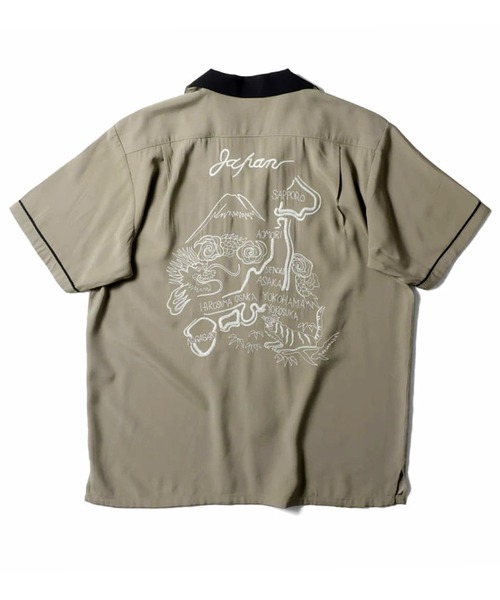 HOUSTON DRAGON MAP EMB RAYON SOUVENIR S/S SHIRT — сувернирная рубашка с вышивкой «дракон» и картой, рэйон, японский стиль,刺繍, ретро open collar