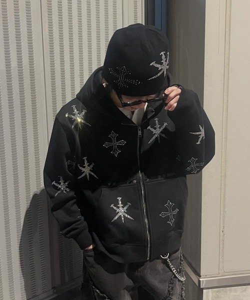 A'GEM/9 × .kom «UNKNOWN LONDON» Dagger Cross Rhinestone Zip Hoodie — худи с молнией и стразами, крест-кинжал