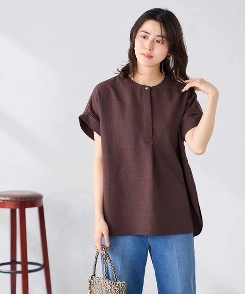 Легкая контактная охлаждающая/UV‑футболка — Linen‑like Cool Neck blouse, сет‑ап対応, анти‑пилинг