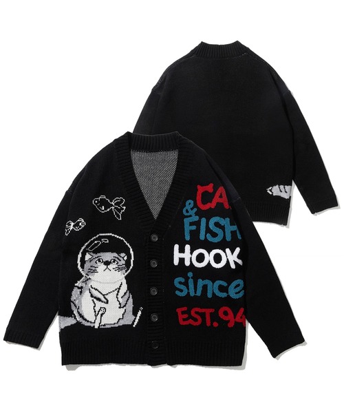 HOOK -original-刺繍 'CAT & FISH' — иллюстрированный кардиган с вышивкой