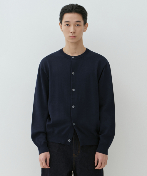 Wool double‑sided spimacotton round neck knit cardigan [Navy]