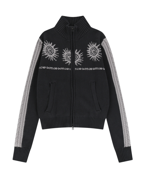 Sun Jacquard Zip‑Up Sweater (Dark Gray)