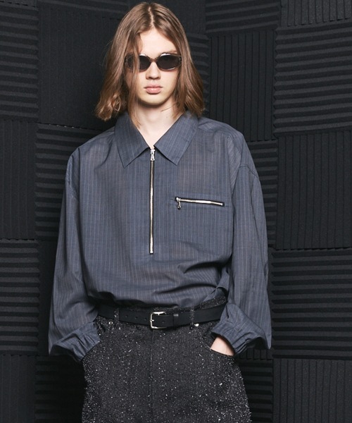 UNISEX T/W Sheer Stripe Prime‑Over Half‑Zip Pullover Shirt (MAISON SPECIAL)