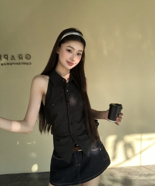 Страйп рубашка, футболка с принтом, Noosleeve tops