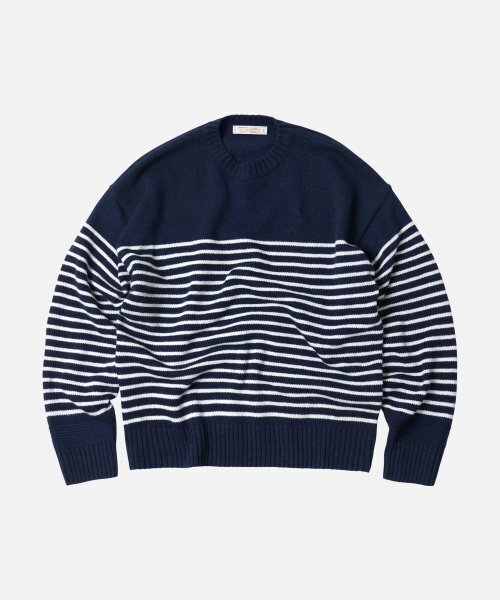 WOOL STRIPE RELAX KNIT — вязаный джемпер в полоску, NAVY