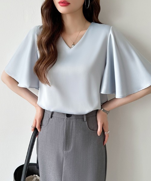 флисовый блуз‑блуз V‑neck, полурукав, флис, сатеновый эффект, офисный стиль весна/лето