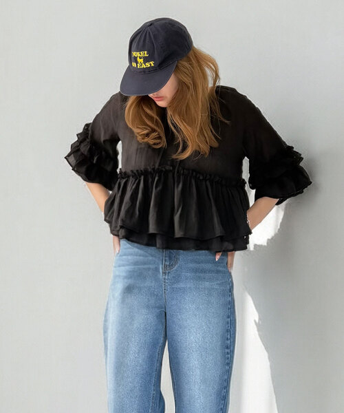 [kie‑сан коллаб] sheer frill blouse — прозрачная блуза с оборками