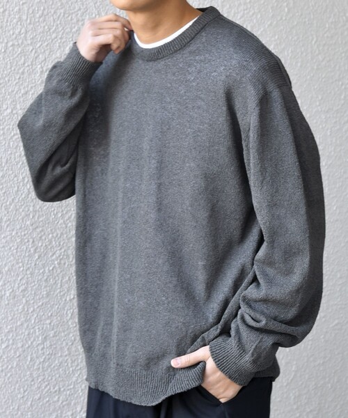 SHIPS any — Japan Made Pepper yarn high‑gauge crewneck, тёмно‑синяя трикотажная футболка