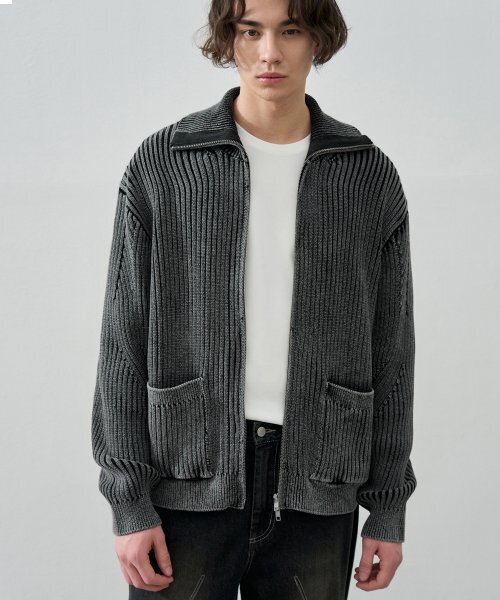 Oblique High Neck Knit zip‑up Track Jacket [D.GREY]