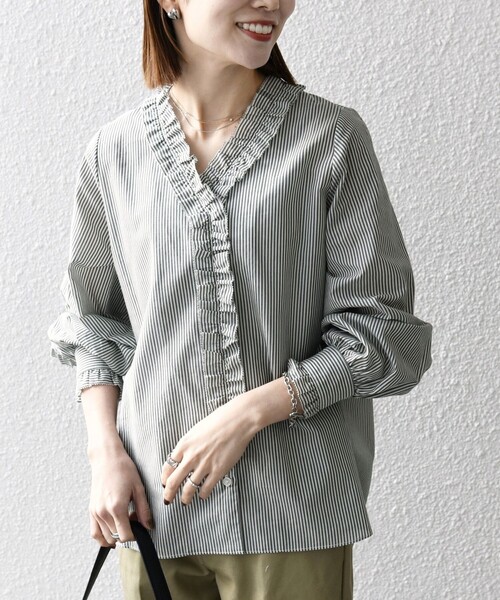 SHIPS any: (можно стирать) Striped Frill V-neck T-shirt blouse