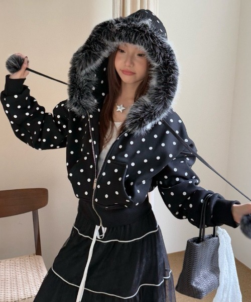 Y2K big faux-fur × dot поло шорт парка с меховой подкладкой [зимняя новинка]
