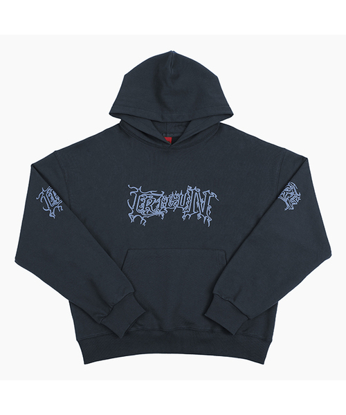 METAL WAVED HOODIE — худи тёмно‑синее с металлизированным волнистым принтом