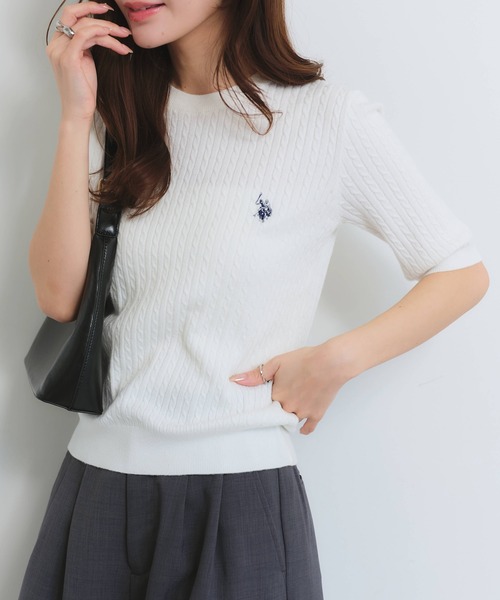 [U.S. POLO ASSN.] Логотип‑вышивка Crewneck поло с коротким рукавом — двойной трикотаж