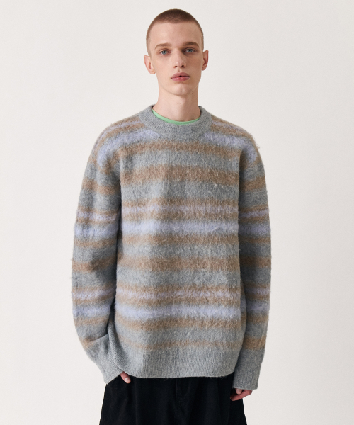 вязаный полосатый букле свитер — синий