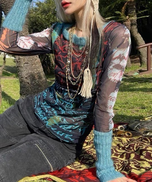 Graffiti print sheer mesh ARMOUR-style кат-сор футболка