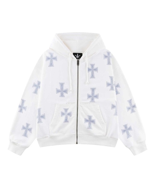 Jippfredi | White x Blue Allover Cross Rhinestone Zip Hoodie | Unknown London