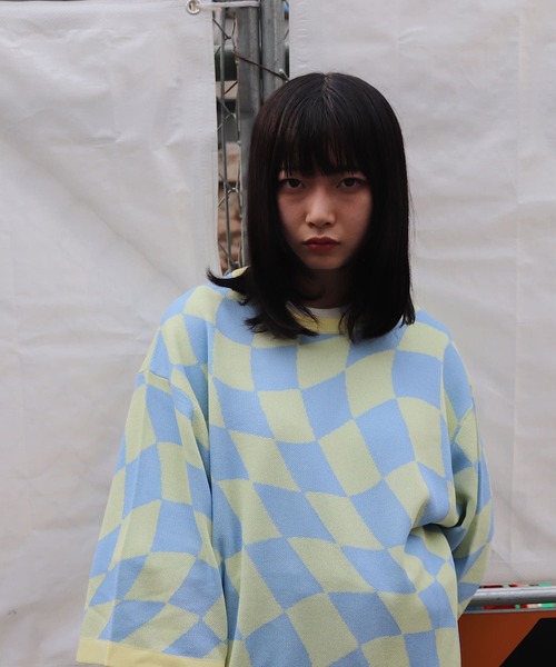 ADAMPATEK / вязаная футболка с узором skewed check short sleeve knit — полуприталенный короткий трикотаж «skewed checker»