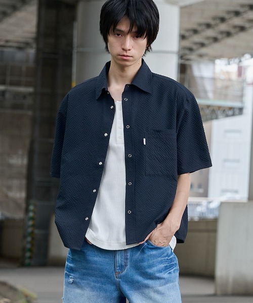 [LANDNESS] Seersucker Layered Pocket Shirt — рубашка с карманами, многослойная из сисеракера