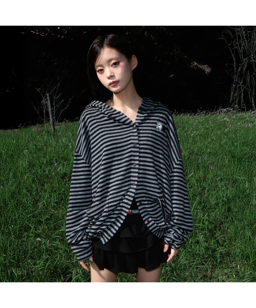 Stripe Heart Hood Cardigan — кардиган с капюшоном [черный]