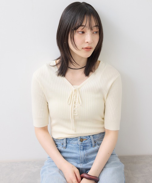 Rlease-up half zip harf sleeve knit