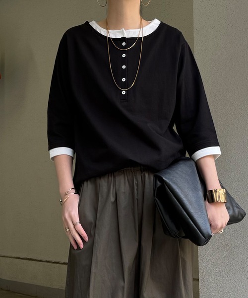 Henley Neck Reiya 7‑минутный рукав T‑shirt