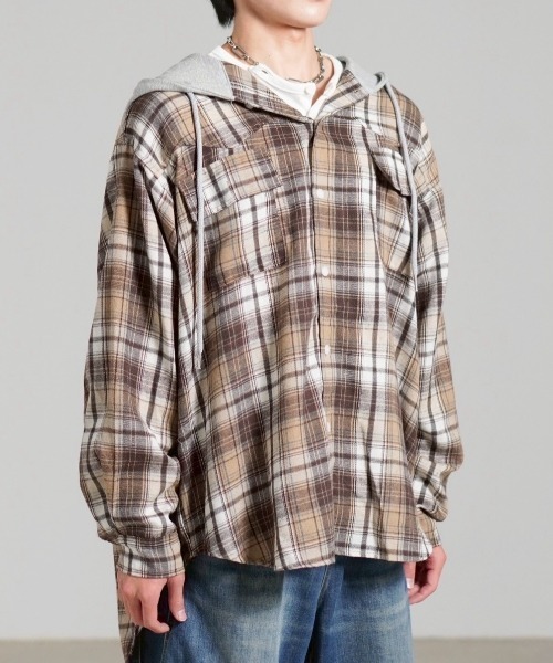 oversized hood mix check shirt — оверсайз рубашка в клетку микс (Chikashitsu +)