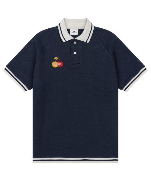 W) CHERRY WAFFLE COLLAR TEE NAVY