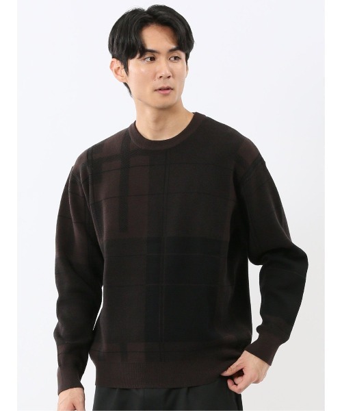 Takahiku check crew neck — круглый трикотажный свитер в клетку (серия Stretch Washable)