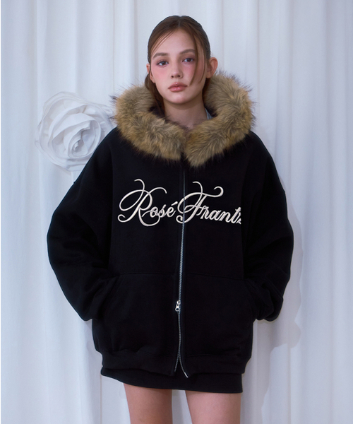 Fur Overfit Lettering Hood Zip-up [Black] — черная худи на молнии с меховой отделкой и надписью