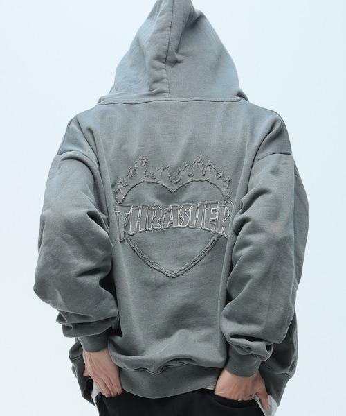 THRASHER Damage denim logo full‑zip parker pigmented wash, с утеплением на спине, суетчер